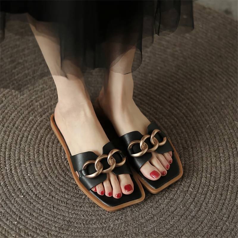 Summer Square Toe Leather Slippers New Arrivals Women’s Fashion Color : Black|Beige Summer Square Toe Leather Slippers New Arrivals Women's Fashion Color : Black|Beige