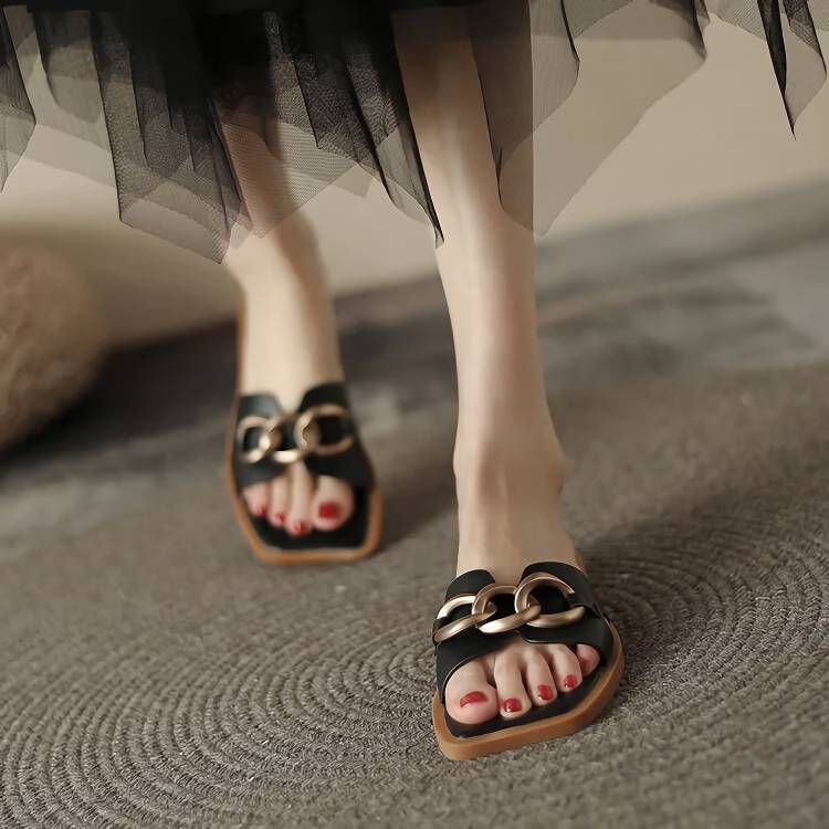 Summer Square Toe Leather Slippers New Arrivals Women’s Fashion Color : Black|Beige Summer Square Toe Leather Slippers New Arrivals Women's Fashion Color : Black|Beige